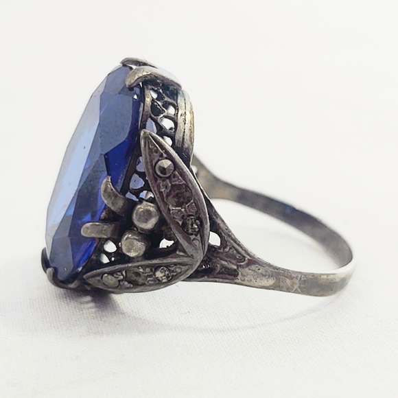 Antique Victorian Sapphire Blue Oversized Sterling Silver Cocktail Ring- Size 9 - Picture 6 of 8